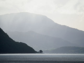 Scenic view of sea and mountains against sky