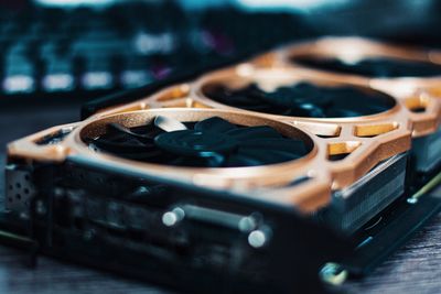 Close-up of graphics card on the table 