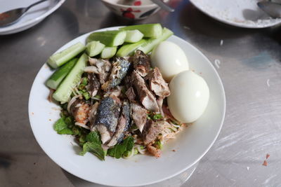 High angle view of meal served on table