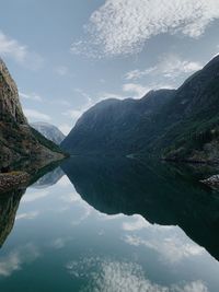 Scenic view of lake and mountains against sky