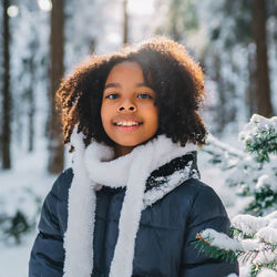 The joy of the winter. portrait of smiling young girl in a snowcapped forest, wearing warm clothes.