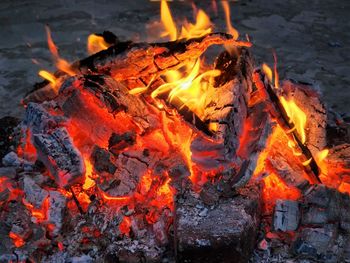 Close-up of bonfire of wood