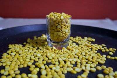 High angle view of eggs in bowl on table