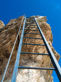 Low angle view of ladder by building against clear blue sky