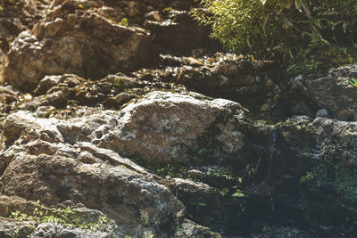 High angle view of stream amidst rocks in forest