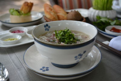 Close-up of soup in bowl on table