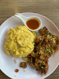 High angle view of food in plate on table
