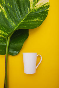 Close-up of coffee cup and yellow leaves