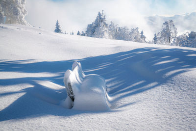 Frozen park bench covered in deep snow in beautiful winter wonderland, salzburg, austria.