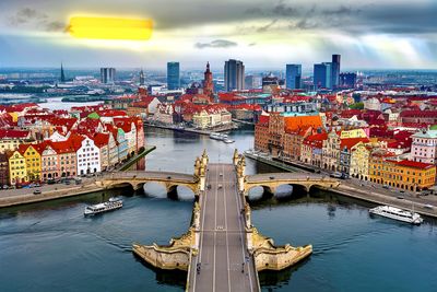 High angle view of city at waterfront