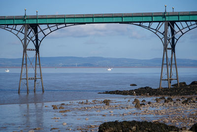 Panoramic photo of clevedon pier in somerset showing iron structure against blue sky