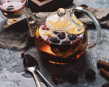 High angle view of tea cup on table