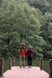 Rear view of people walking on plants against trees