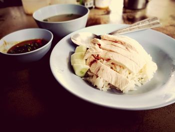 Close-up of meal served on table