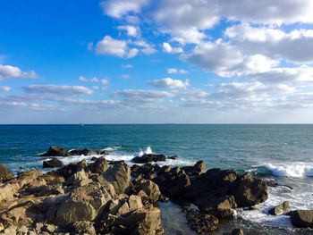 Scenic view of sea against cloudy sky