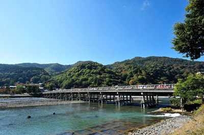 Scenic view of river and mountains against clear blue sky
