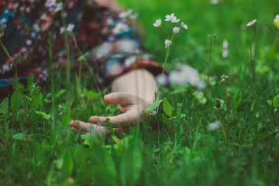 Close-up of woman on grass in field