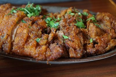 Close-up of duck meat served in plate