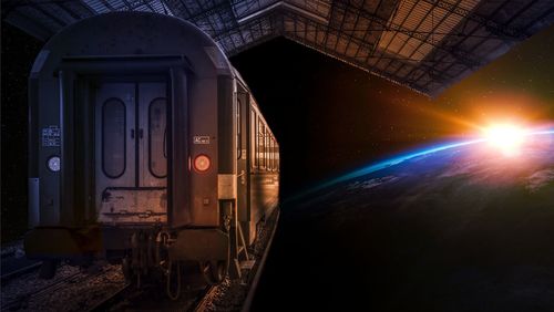 Spaceport, future, planet, train to planet, old train, future train