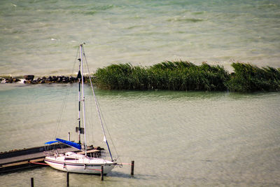 High angle view of sailboat in sea