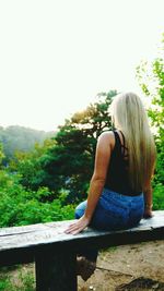 Rear view of woman sitting on tree