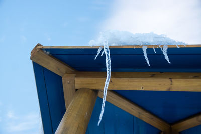 Low angle view of roof against blue sky