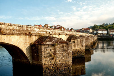 Bridge over river against sky in city