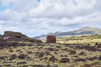 Panoramic view of landscape against sky toppled moai