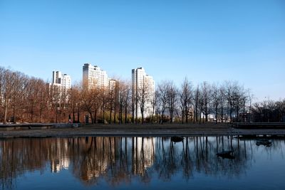 Reflection of trees in lake against clear blue sky