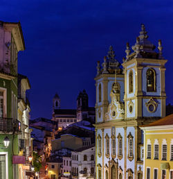 Nightfall in historic pelourinho neighborhood, houses and churches during dusk in salvador, bahia