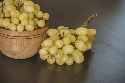 High angle view of grapes in bowl on table