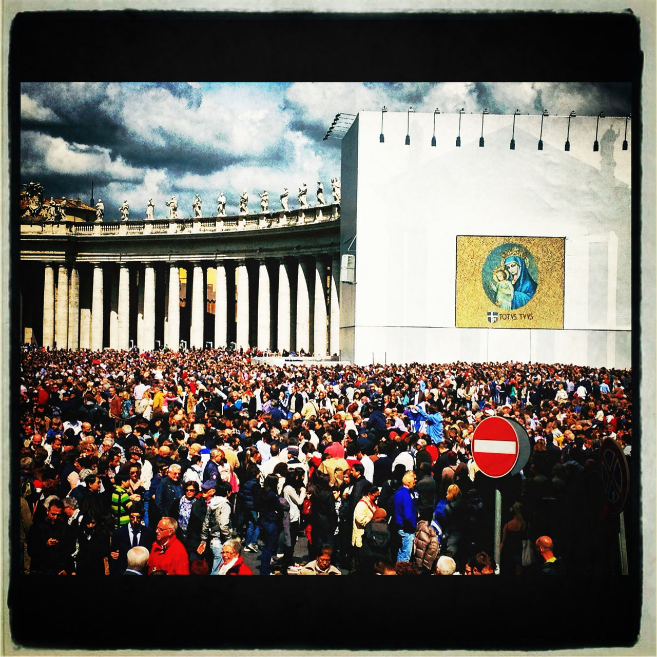 transfer print, auto post production filter, built structure, architecture, sky, building exterior, cloud - sky, large group of people, religion, place of worship, spirituality, cloudy, crowd, church, outdoors, person, cloud, men