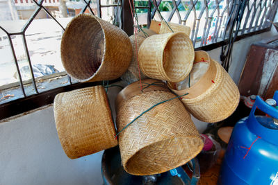 Close-up of wicker basket for sale in market