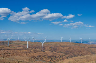 Scenic view of wind turbines in the desert against sky