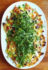 High angle view of food served in plate