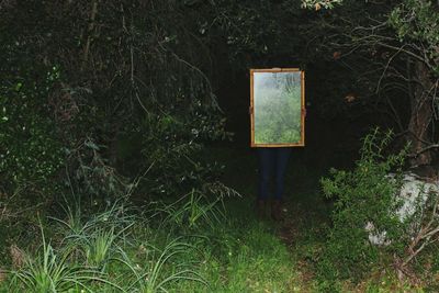 Woman holding mirror while standing on field amidst plants