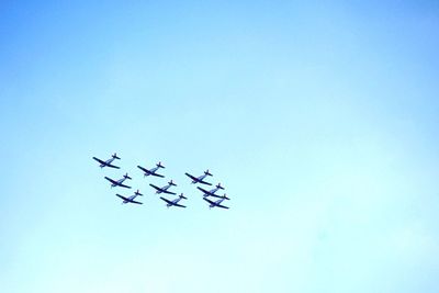 Low angle view of airplane flying against clear sky