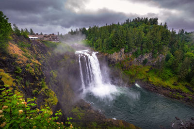 Scenic view of waterfall against sky