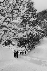 People walking on snow covered mountain