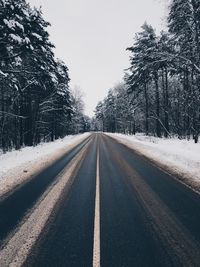 Empty road by trees against sky during winter