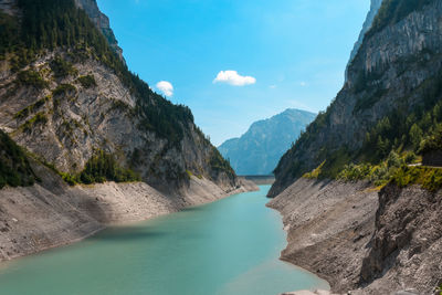 Scenic view of mountains and sea against sky