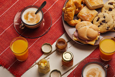 High angle view of breakfast on table