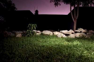 House on field against sky at night