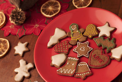 High angle view of cookies on table