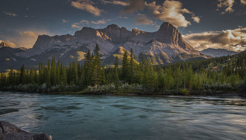 Scenic view of snowcapped mountains against sky during sunset