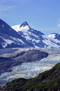 Scenic view of snowcapped mountains against clear sky