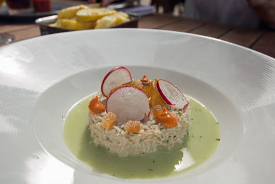 Close-up of seafood in plate on table