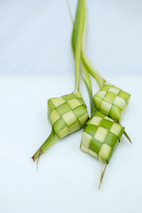 Close-up of green chili pepper against white background