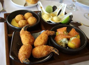 High angle view of food in plate on table