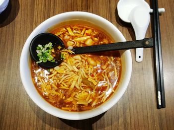 High angle view of soup in bowl on table